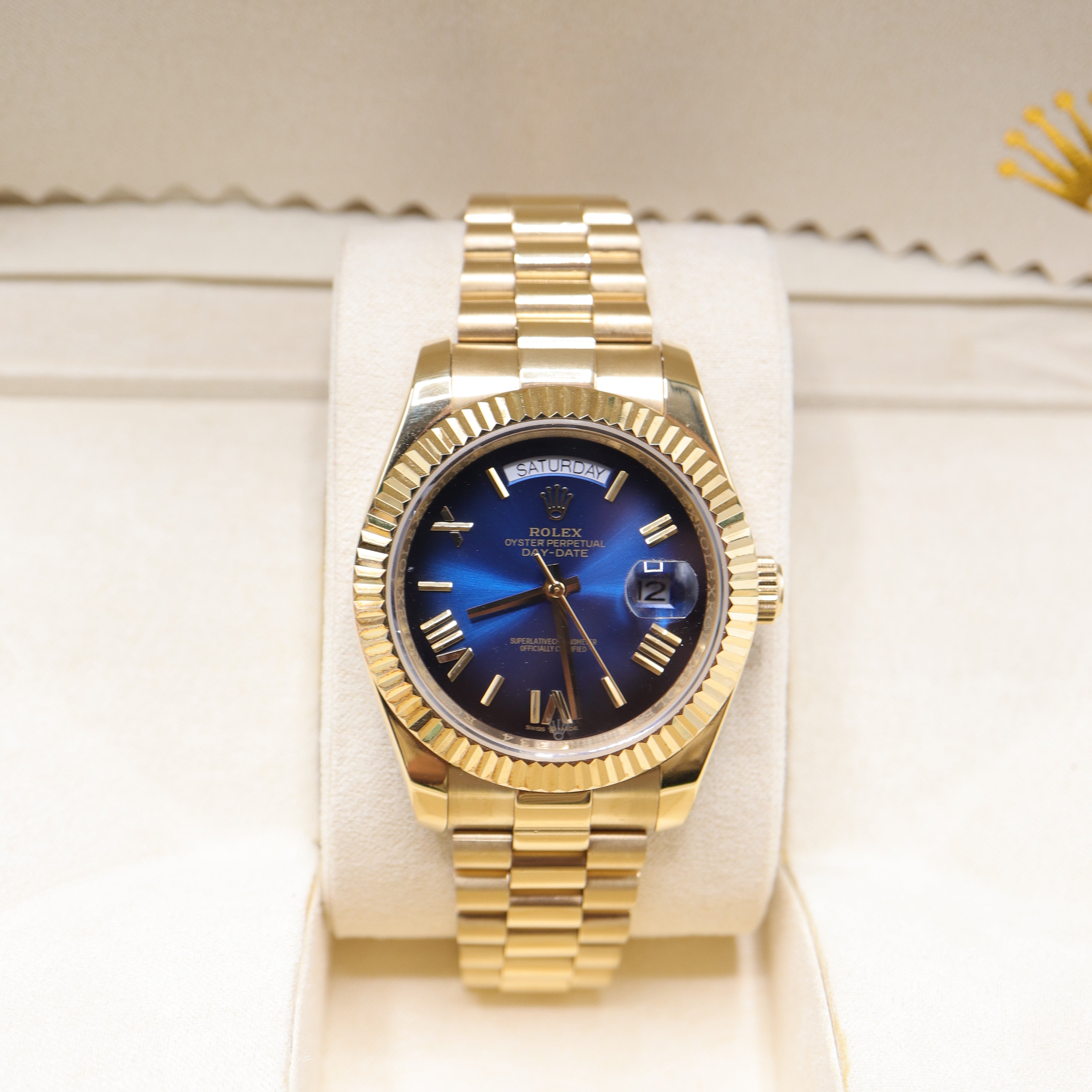 Rolex Style President Day-Date Watch – Men's 18k Gold Blue Sunburst Roman Numeral Watch