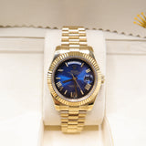 Rolex Style President Day-Date Watch – Men's 18k Gold Blue Sunburst Roman Numeral Watch