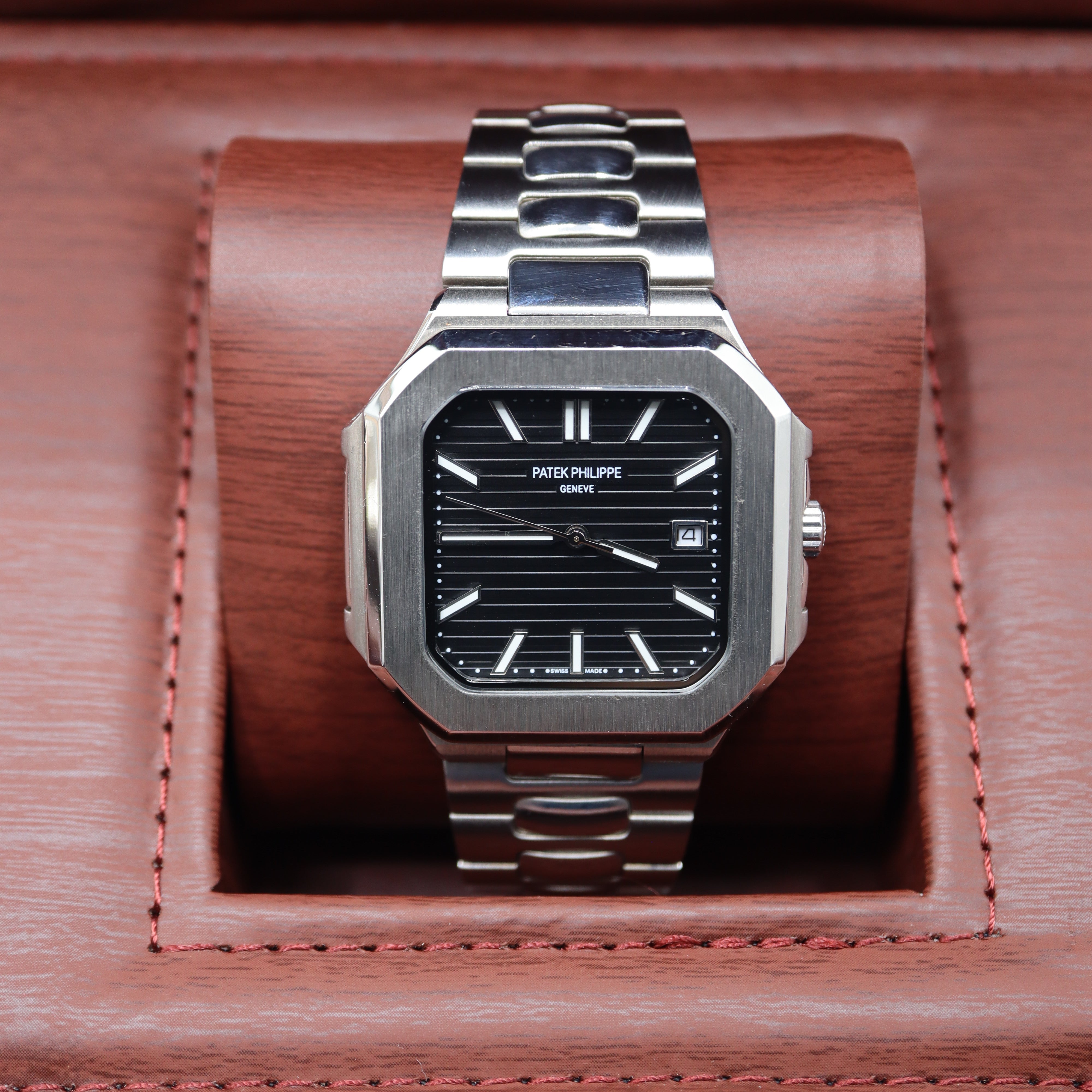 Patek Philippe Style Nautilus / Cubitus Watch – Men's Steel & Black Striped Dial Watch