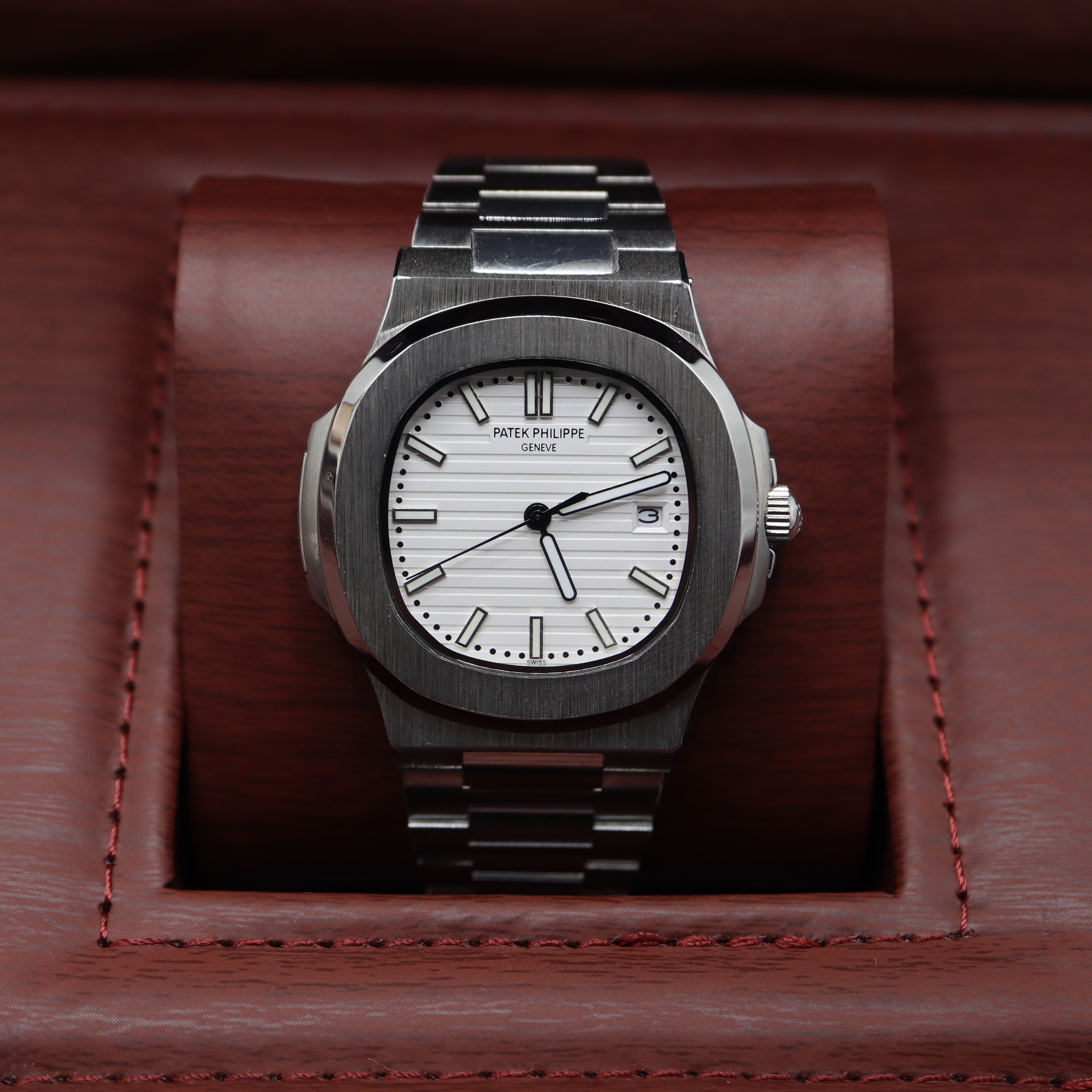 Patek Philippe Style Nautilus Watch – Men's Steel & White Striped Dial Watch