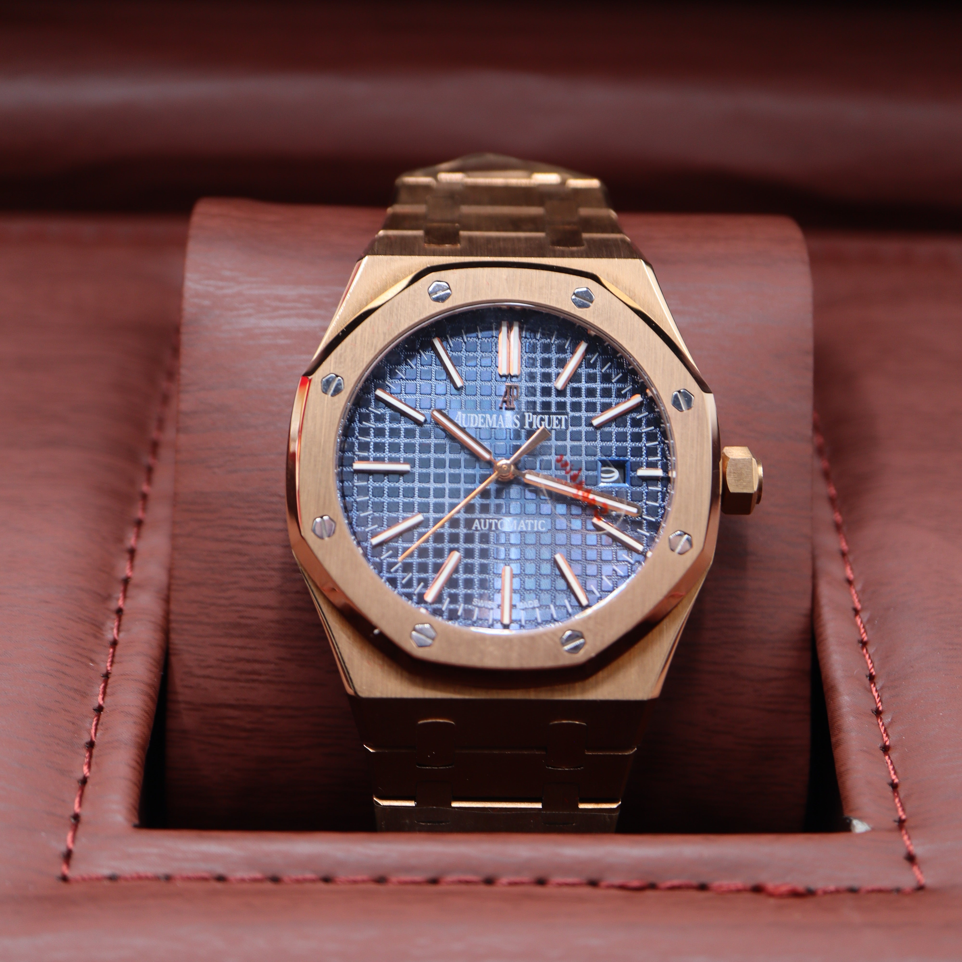 Audemars Piguet Style Royal Oak Watch – Men's Rose Gold & Blue Tapisserie Dial Watch
