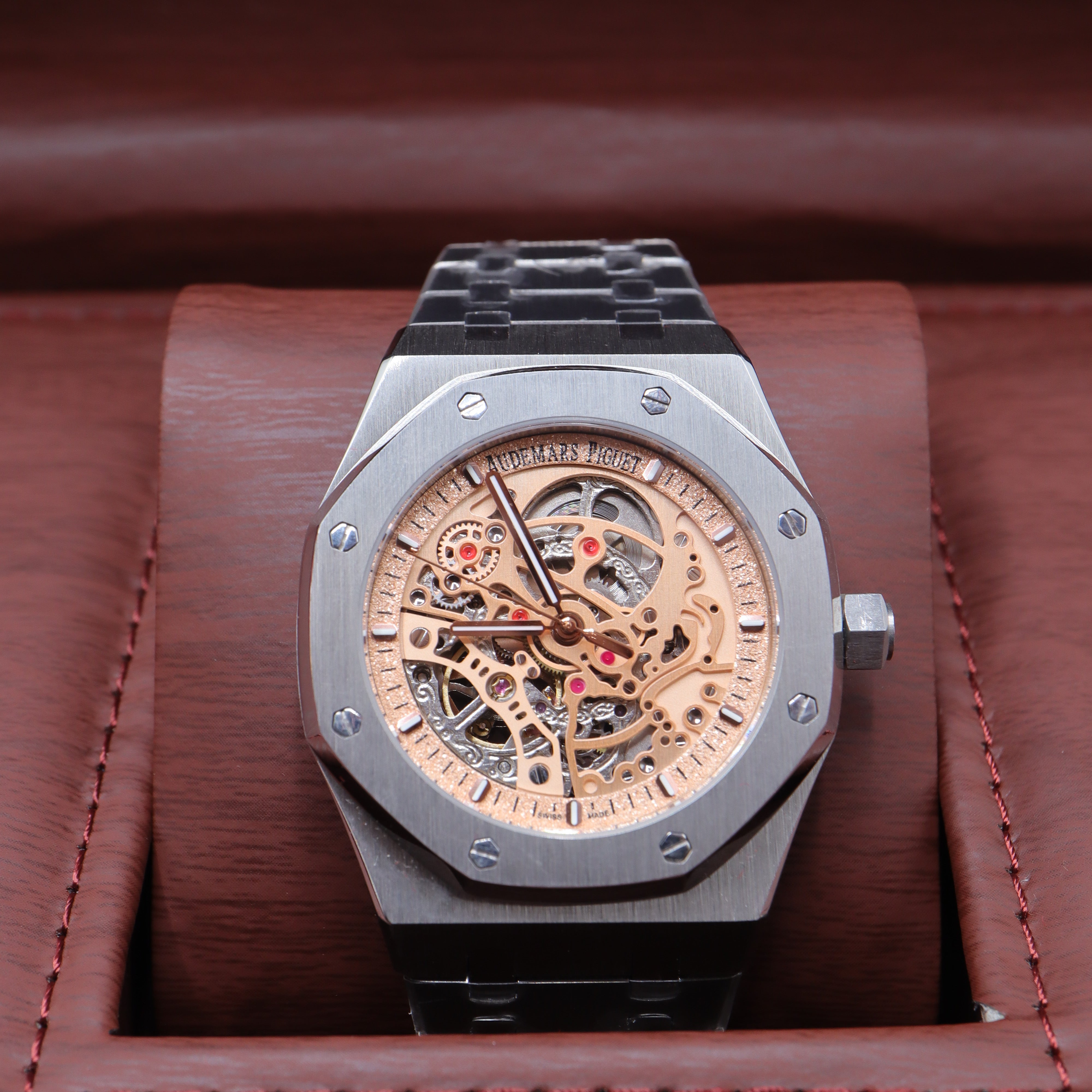 Audemars Piguet Style Royal Oak Skeleton Watch – Men's Steel & Openworked Gold Dial Watch