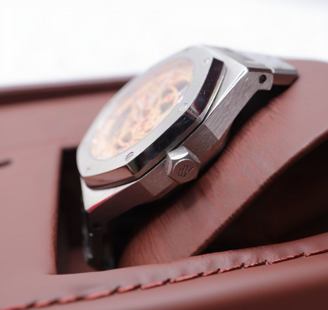 Audemars Piguet Style Royal Oak Skeleton Watch – Men's Steel & Openworked Gold Dial Watch