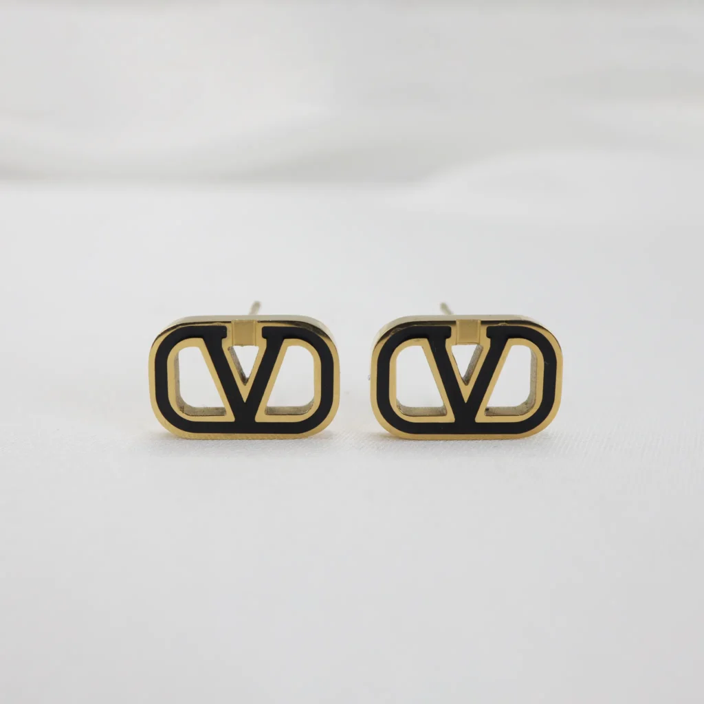 Gold Stud Earrings with Black Enamel Accent