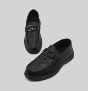 Men's Black Crocodile Pattern Loafers with Metal Buckle