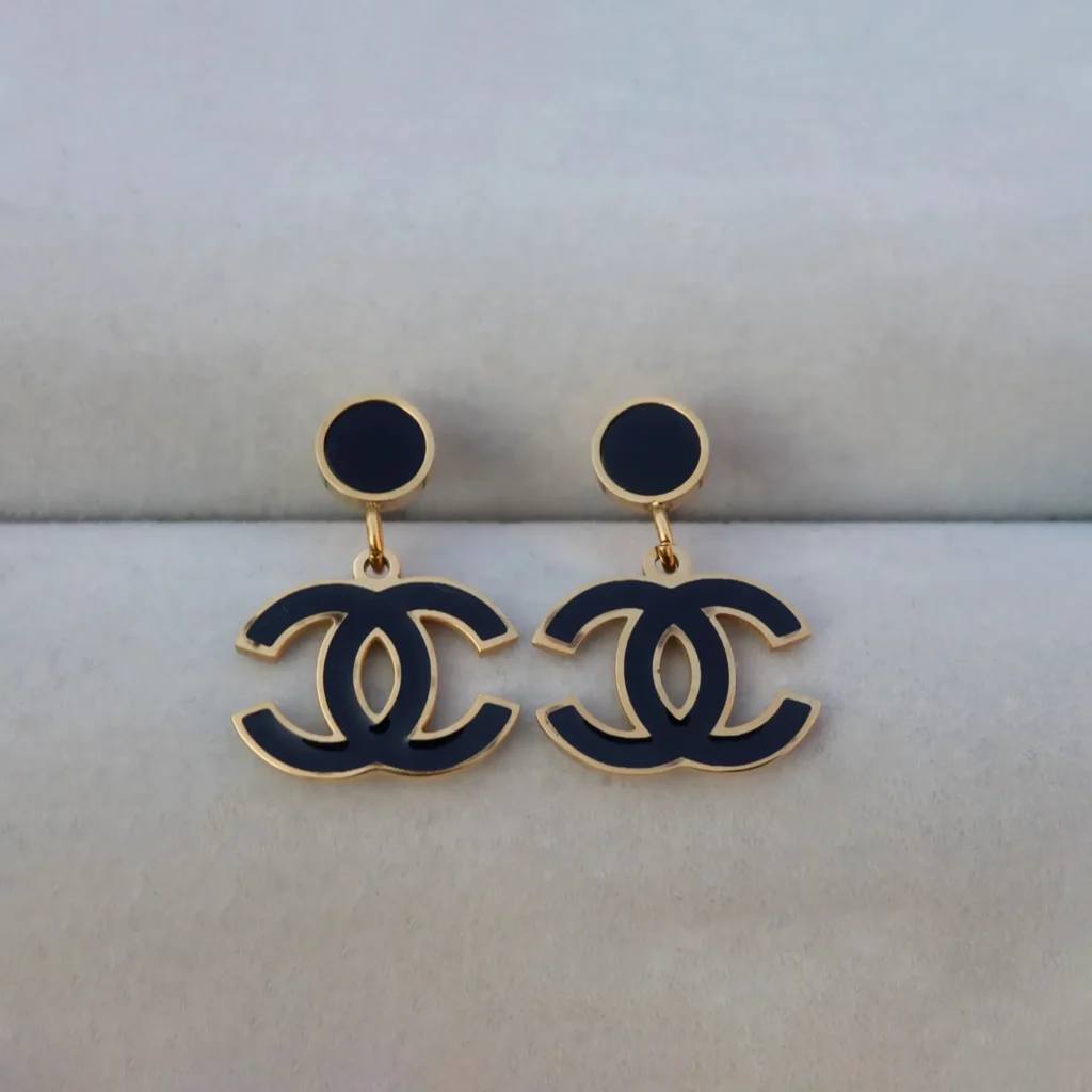 Black and Gold Double C Logo Drop Earrings