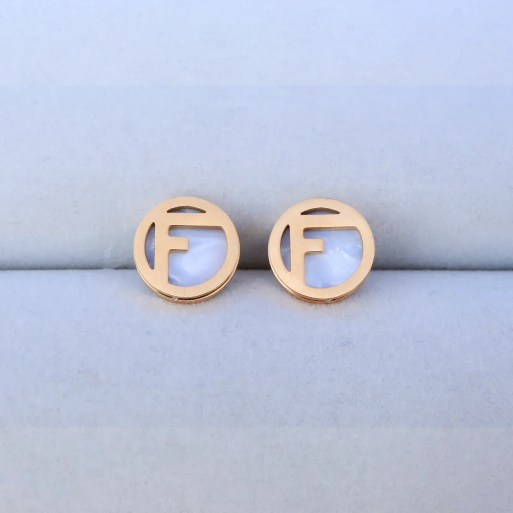 Gold and Mother-of-Pearl Circular Logo Stud Earrings