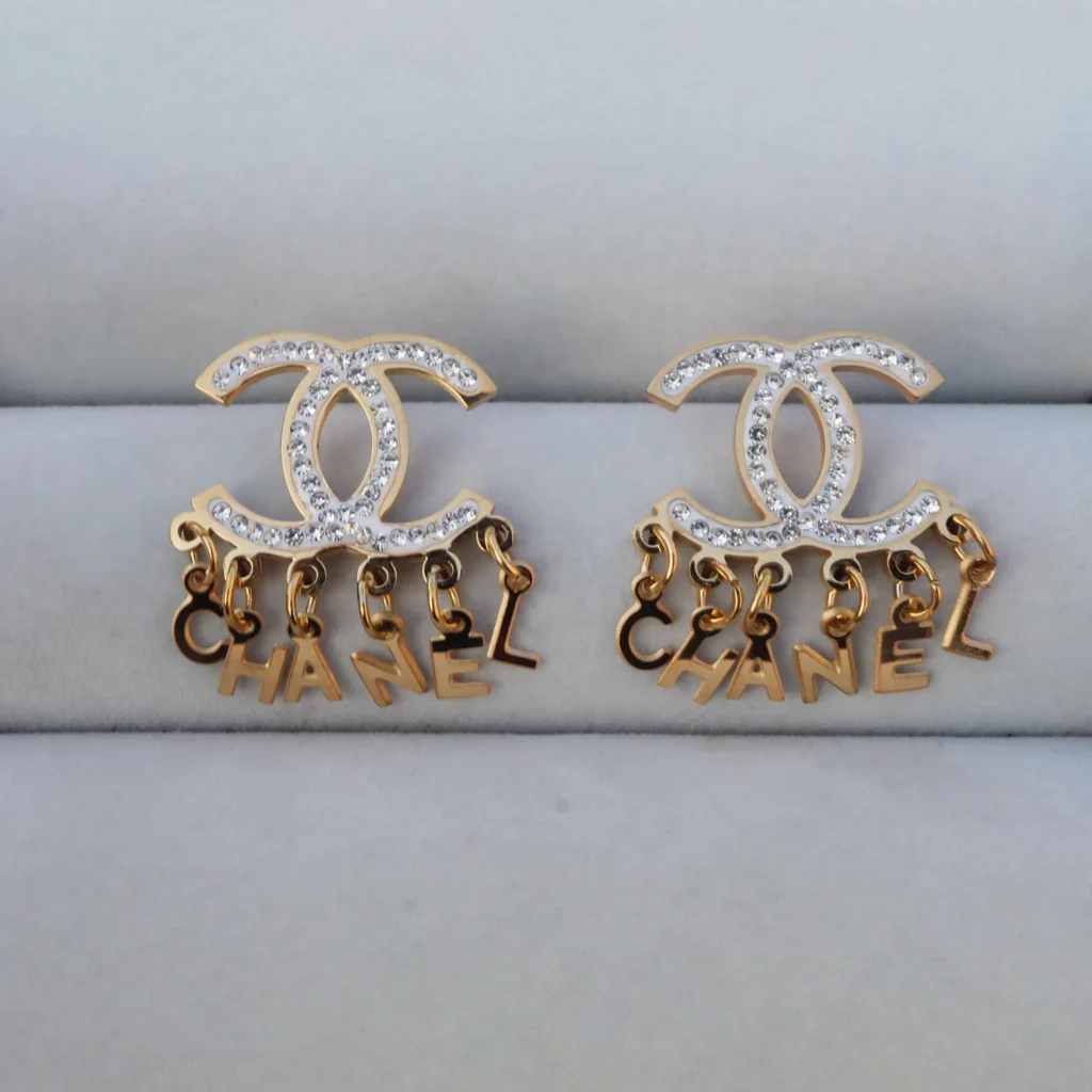 Chanel Crystal Logo Dangling Letter Earrings